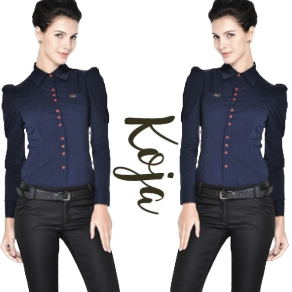 Unique KOJA Dressy Button Down Navy Blouse~Suit XL (See Size Chart) - Picture 1 of 12